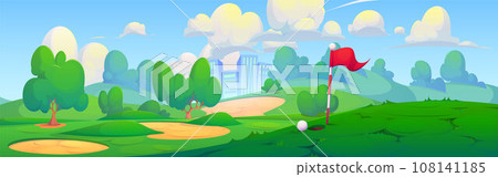 Sunny golf course against cityscape background 108141185