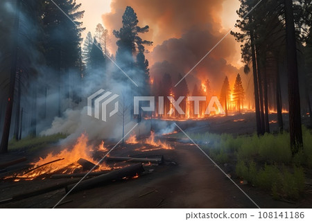 Aerial view of a forest fire with large flames and smoke. 108141186