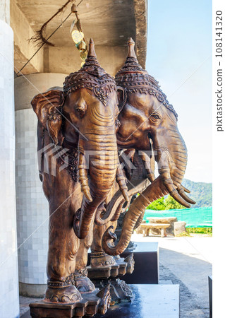 Traditional old wooden statue of Erawan three-headed elephant in Thailand 108141320