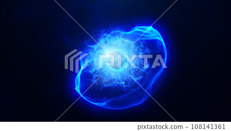 Blue energy sphere with glowing bright particles, atom with electrons and elektric magic field scientific futuristic hi-tech abstract background Blue energy sphere with glowing bright particles, atom with electrons and elektric magic field scientific futuristic hi-tech abstract background 108141361