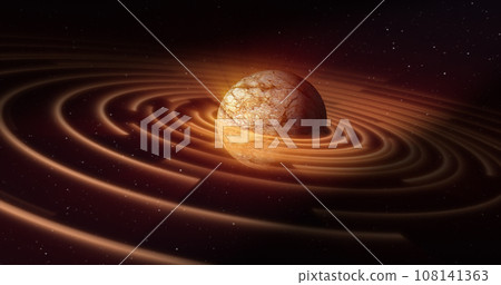 Abstract yellow brown space planet with a round asteroid belt ring futuristic hi-tech on the background of stars in open space Abstract yellow brown space planet with a round asteroid belt ring futuristic hi-tech on the background of stars in open space 108141363