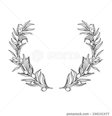 Sketch Wreath of olive branch with berries and leaves. Hand drawn vector line art illustration. Black and white drawing of the symbol of Italy or Greek for cards, design logo, tattoo 108141477
