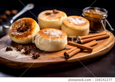 sugar and cinnamon rolls, Norwegian brown goat cheese. Scandinavian cuisine sugar and cinnamon rolls, Norwegian brown goat cheese. Scandinavian cuisine 108142277
