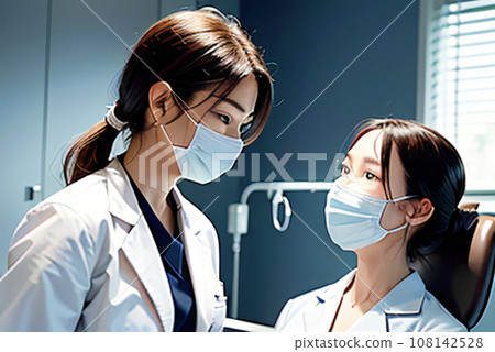 Masked female doctor and masked young female patient, generative ai 108142528
