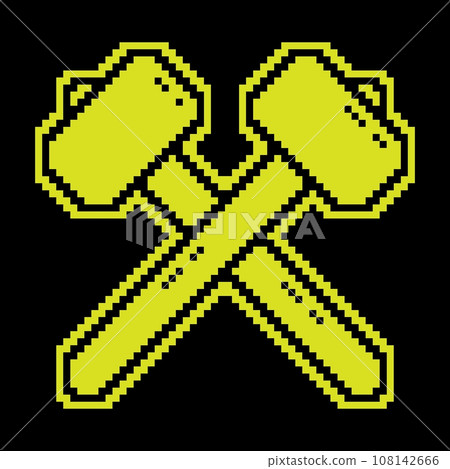 Pixel silhouette icon, crossed hammers. Blacksmith craft, production of metal products. Simple black and yellow vector isolated 108142666