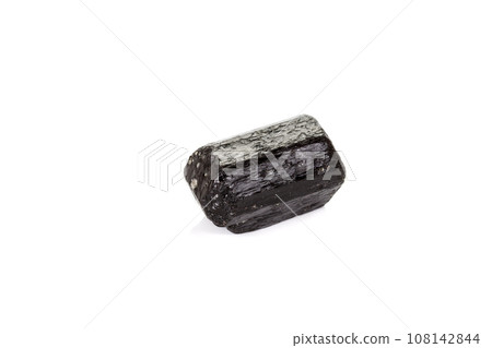 macro mineral stone schorl, black tourmaline on white background macro mineral stone schorl, black tourmaline on white background 108142844