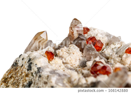 Macro mineral stone Spessartine, Feldspar, Smoky quartz, on a white background Macro mineral stone Spessartine, Feldspar, Smoky quartz, on a white background 108142880