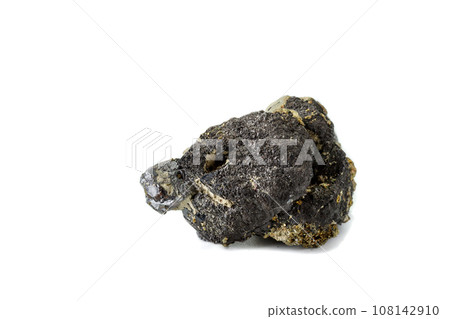 Macro mineral stone Sphalerite Pyrite on a white background Macro mineral stone Sphalerite Pyrite on a white background 108142910