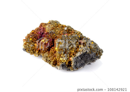Macro mineral stone  Chalcopyrite on a white background 108142921