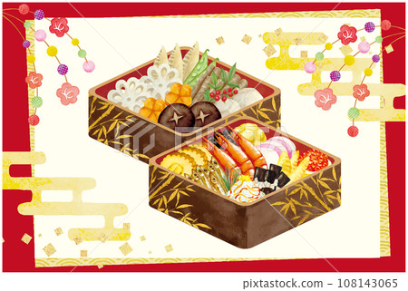 Watercolor hand drawn osechi cuisine illustration 108143065