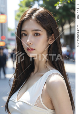 Street corner snap: Lovely woman with long black hair (AI generated image) 108144105