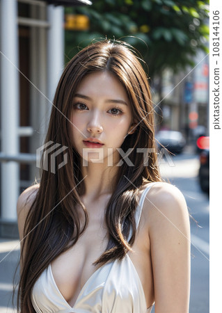 Street corner snap: Lovely woman with long black hair (AI generated image) 108144106