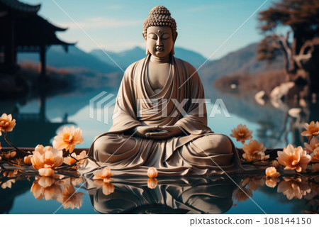 Buddha statue surrounded by flowers on the background of a mountain lake 108144150