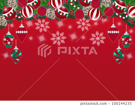 Background design with red, white and green Christmas ornaments and snowflakes Background design with red, white and green Christmas ornaments and snowflakes 108144235