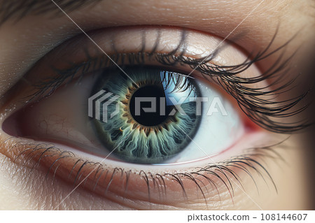 Close-up view of the eyes of a young girl. Colorful female eye. Close-up view of the eyes of a young girl. Colorful female eye. 108144607