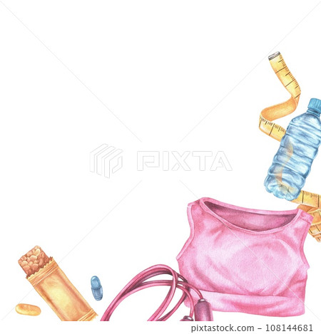 Sports frame corner. Watercolor illustration of Fitness exercise equipment and workout clothes. Hand drawn yoga and gym items on white isolated background. Square empty space for text 108144681