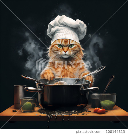 Red cat wearing chef hat and cooking in kitchen with various pots and pans Red cat wearing chef hat and cooking in kitchen with various pots and pans 108144813