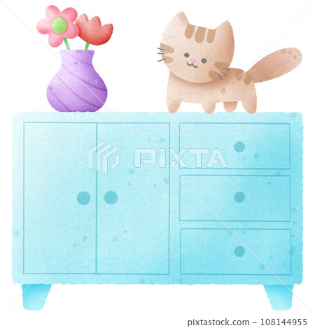 Cute pastel blue cabinet drawer with flapper vase and cat 108144955