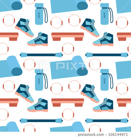 Seamless pattern. Various sports equipment. Fitness equipment, gym accessories. Dumbbells, fitness tracker, bag, medal hoop ball Healthy lifestyle Seamless pattern. Various sports equipment. Fitness equipment, gym accessories. Dumbbells, fitness tracker, bag, medal hoop ball Healthy lifestyle 108144971