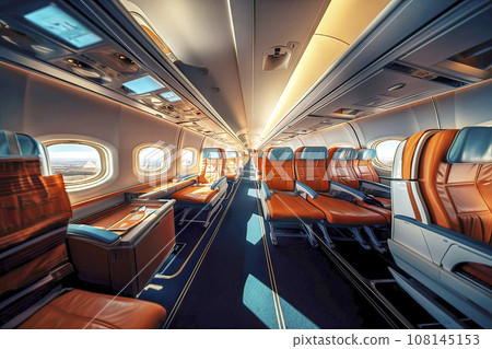 Central Perspective View of the Interior of a Passenger Airplane with Red Seats 108145153