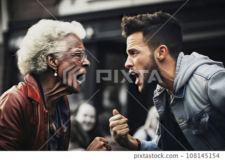 Elderly Black Lady and Young Bearded White Man Engaging in a Loud Public Argument 108145154