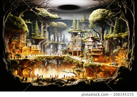 Fantastic Surreal View of an Underground City with Streets, Trees, and Buildings in Warm Lighting 108145155