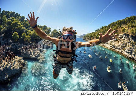 View of a Cliff Diver with Harness and Sunglasses Screaming Backward into a Secluded Cove 108145157