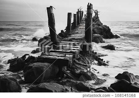 Pier of weathered old wooden planks withstands the ocean's surf, black and white 108145168
