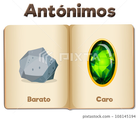 Antonym Word Card in Spanish: Barato and Caro means cheap and expensive Antonym Word Card in Spanish: Barato and Caro means cheap and expensive 108145194