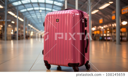 Pink suitcases in departure lounge, airport in background, summer vacation concept 108145659