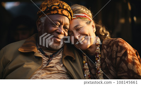 Happy african couple having tender moment outdoors at summer sunset Happy african couple having tender moment outdoors at summer sunset 108145661