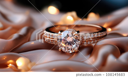 Golden wedding ring with a large diamond on a silk fabric with copy space, close-up 108145683
