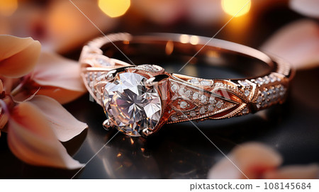 Golden wedding ring with a large diamond on a silk fabric with copy space, close-up 108145684