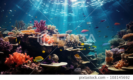 underwater coral reef landscape background in the deep blue ocean with colorful fish and marine life 108145692