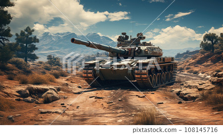Battlefield actions, different military warships gunfire. Fighter jets attacks a tank as a defense mission. 108145716
