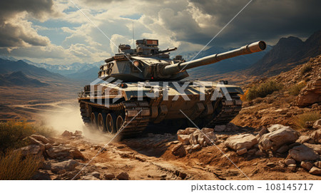 Battlefield actions, different military warships gunfire. Fighter jets attacks a tank as a defense mission. 108145717