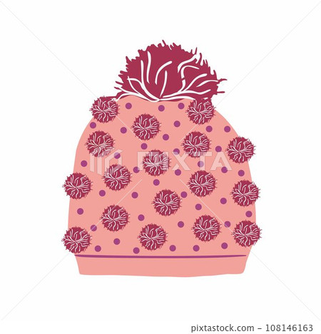 Women's pink hat with pompom. Winter clothes in cartoon style. 108146163