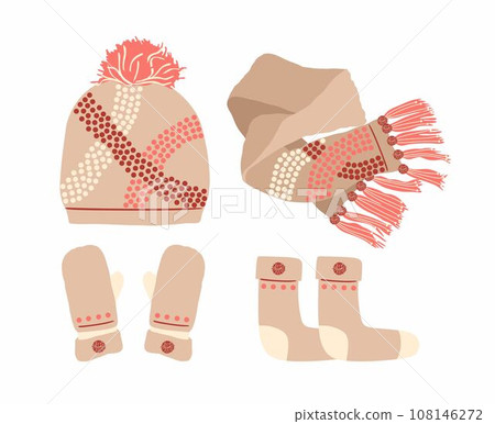 Beige Hat with a Pompom, Scarf, socks and Mitten Set Knitted Seasonal Winter Traditional Accessories with Ornament 108146272