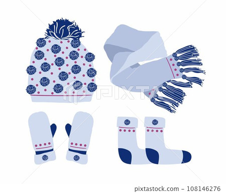 Set of winter accessories knitted hat scarf mittens socks light blue. Stock vector flat illustration isolated on white Set of winter accessories knitted hat scarf mittens socks light blue. Stock vector flat illustration isolated on white 108146276