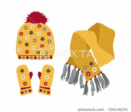 Yellow Hat with a Pompom, Scarf and Mitten Set Knitted Seasonal Winter Traditional Accessories with stars Yellow Hat with a Pompom, Scarf and Mitten Set Knitted Seasonal Winter Traditional Accessories with stars 108146291