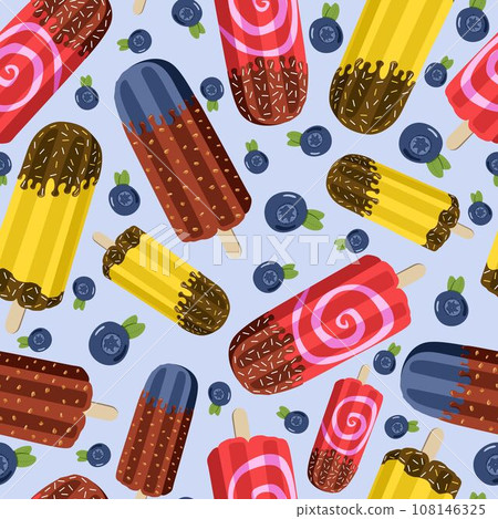 Ice cream seamless pattern. Colorful eskimo with chocolate. Blueberry. Isolated on light blue background. 108146325