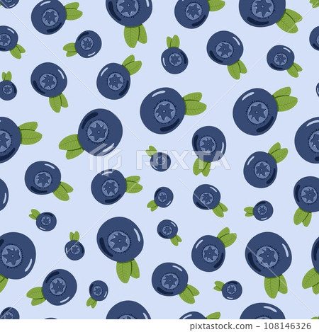 Seamless pattern with blueberry on light blue background. Natural fresh ripe tasty blueberries. Vector illustration. 108146326