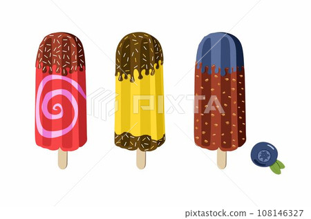 Ice cream eskimo set vector illustration. Blueberry dessert. Colorful collection isolated on white background. 108146327
