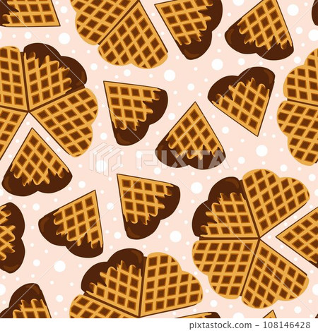 Valentines day sweet lunch. Seamless pattern. Hearts shape pastry. Sweet cookies. Love day. Tasty homemade waffles. 108146428