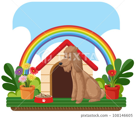 Adorable Dog Enjoying a Meal in Front of its Cozy Dog House 108146605