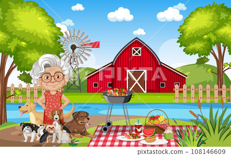 Grandmother's Picnic with Dogs by the River Grandmother's Picnic with Dogs by the River 108146609