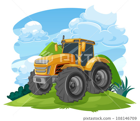 Yellow Tractor Driving Up Hill Yellow Tractor Driving Up Hill 108146709