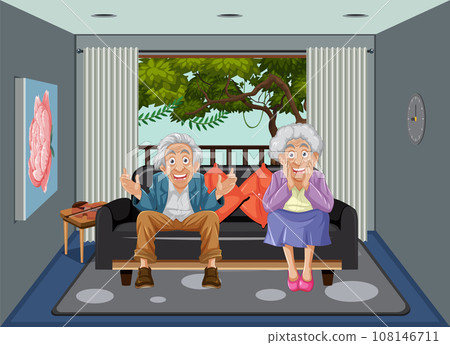 Excited Grandparents Enjoying Vacation in Cozy Living Room Excited Grandparents Enjoying Vacation in Cozy Living Room 108146711