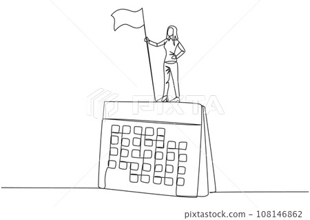 Single continuous line drawing businesswoman standing on giant desk calendar holding flag. Starting small steps in planned business pattern is key to success in achieving business profits. One line 108146862