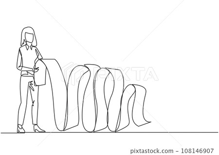 Continuous one line drawing businesswoman held long billing paper with both hands. Worry about spending a lot of money because of large number of bill. Single line draw design vector illustration Continuous one line drawing businesswoman held long billing paper with both hands. Worry about spending a lot of money because of large number of bill. Single line draw design vector illustration 108146907